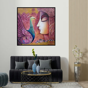 Sanjay Tandekar's 'Fusion 3 (Peacock Dreams)' painting visualized above a sofa in a contemporary room.