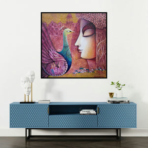 'Fusion 3 (Peacock Dreams)' painting by Sanjay Tandekar shown on a wall in a furnished room.