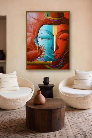 Fusion (Krishna with Flute) by artist Dhananjay Mukherjee displayed in a Modern gallery