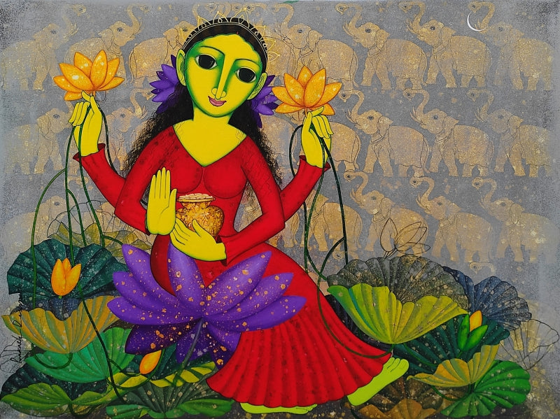 Gaj Lakshmi' religious acrylic painting by artist Prakash Deshmukh, 36x48 inch, on canvas