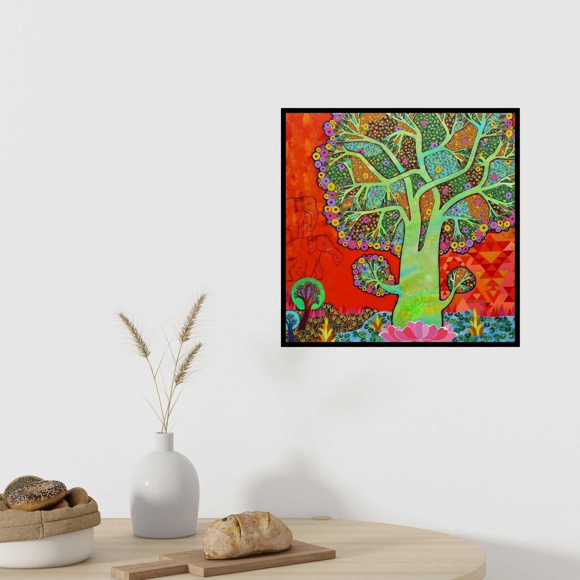 In-situ view of Chandra Morkonda's 'Gaja Lakshmi' painting in a room