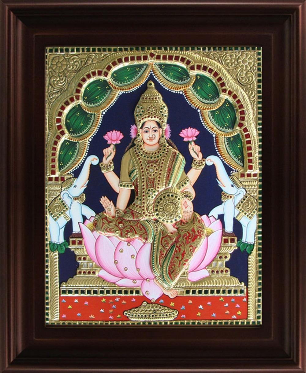 Religious tanjore traditional art titled 'Gaja Lakshmi Tanjore Painting 2', 24x18 inches, by artist Myangadi Tanjore on Plywood