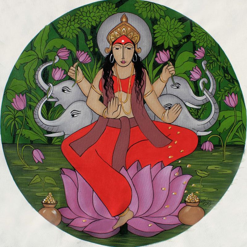 Figurative acrylic painting titled 'Gaja Laxmi', 36x36 inches, by artist Chetan Katigar on Canvas