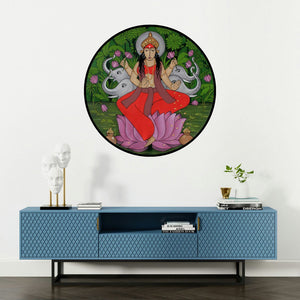 'Gaja Laxmi (Goddess Lakshmi)' painting by Chetan Katigar shown on a wall in a furnished room.