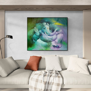 Preview of 'Gajaanand (Ganesha and His Companion)' Painting by Namdev M Patil shown on a wall in a furnished room.