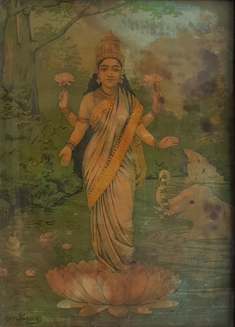 Religious oleograph painting titled 'Gajalakshmi', 15x11 inches, by artist Raja Ravi Varma on Paper