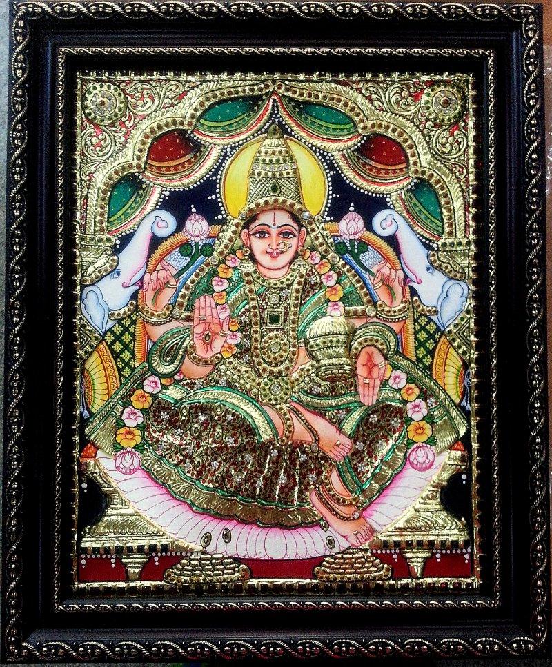 Religious tanjore traditional art titled 'GAJALAKSHMI TANJORE PAINTING', 14x17 inches, by artist KUM KUMGALLERY on Plywood