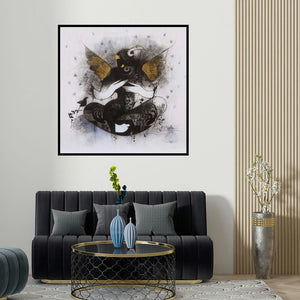 Amol Pawar's 'Gajanan (Embrace of Golden Wings)' painting visualized above a sofa in a contemporary room.