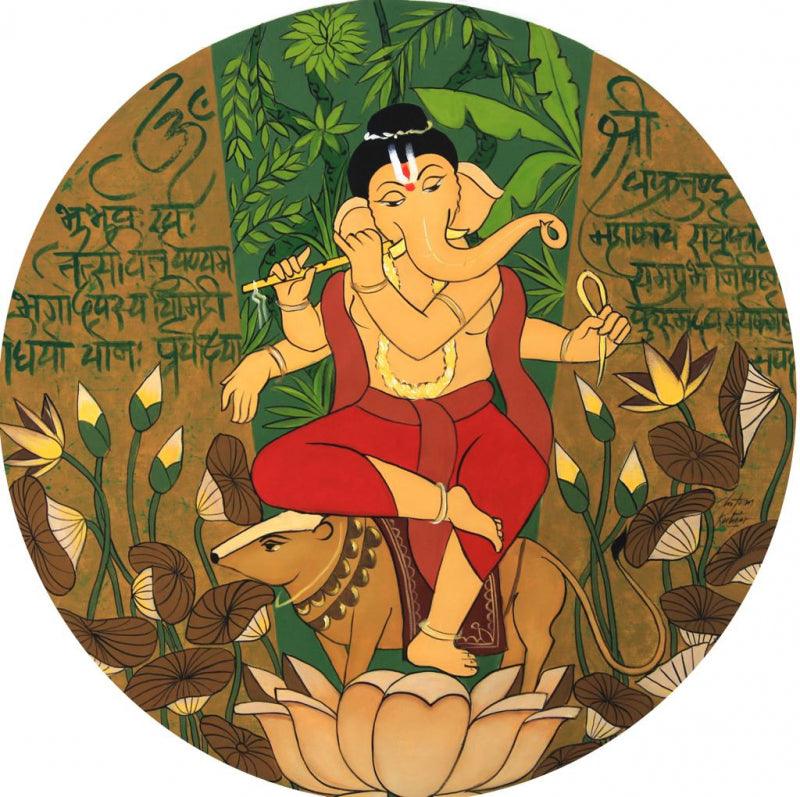 Religious acrylic painting titled 'Gajanan', 39x39 inches, by artist Chetan Katigar on Canvas