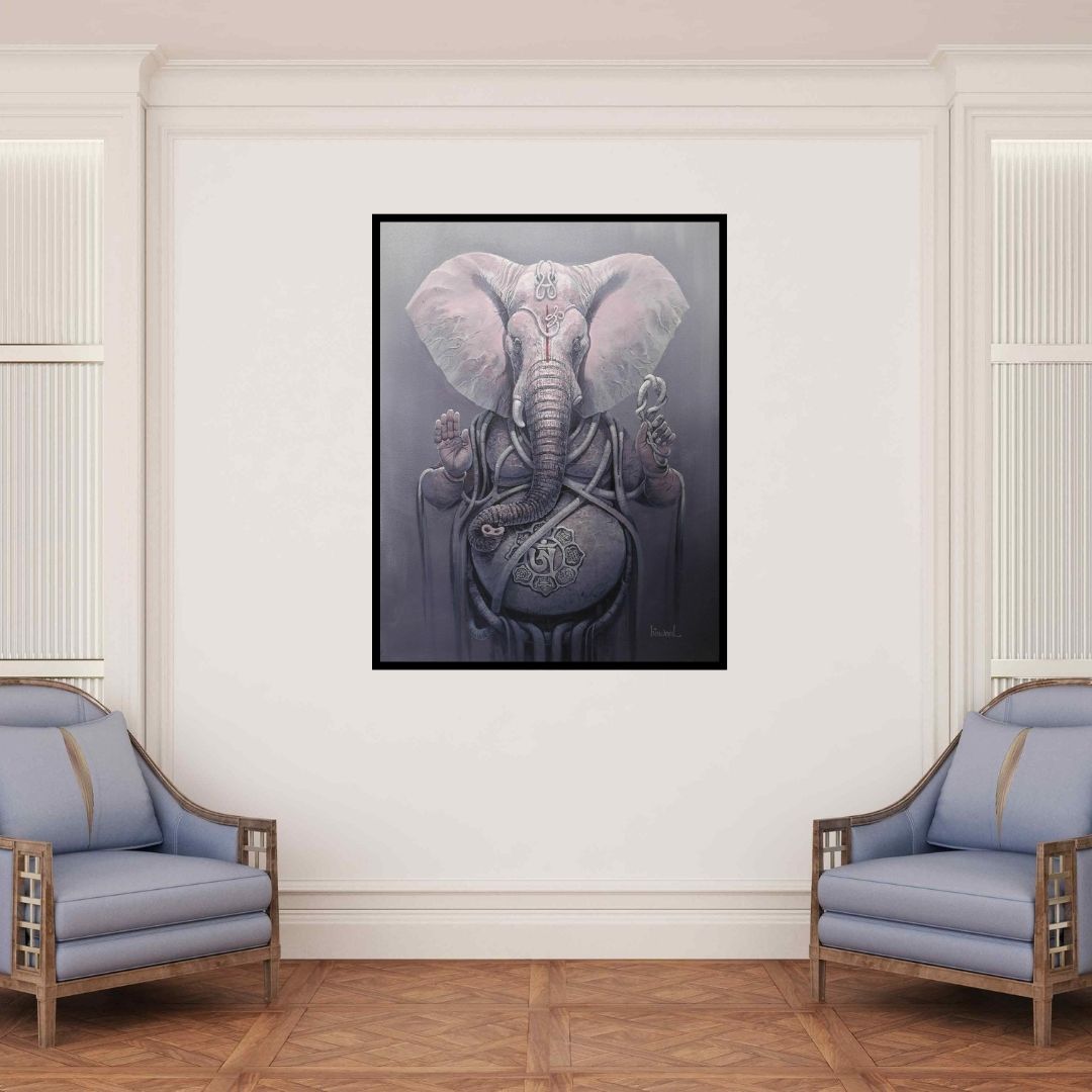 In-situ view of Bijay Biswaal's 'Gajanan Ii' painting in a room