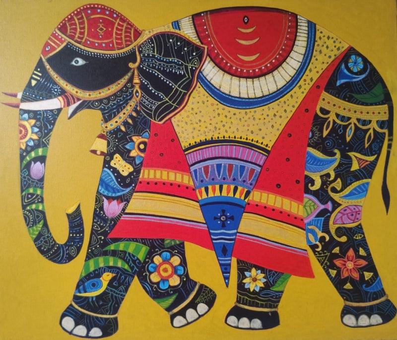 Animals acrylic painting titled 'Gajaraj 2', 30x26 inches, by artist Bhaskar Lahiri on Canvas
