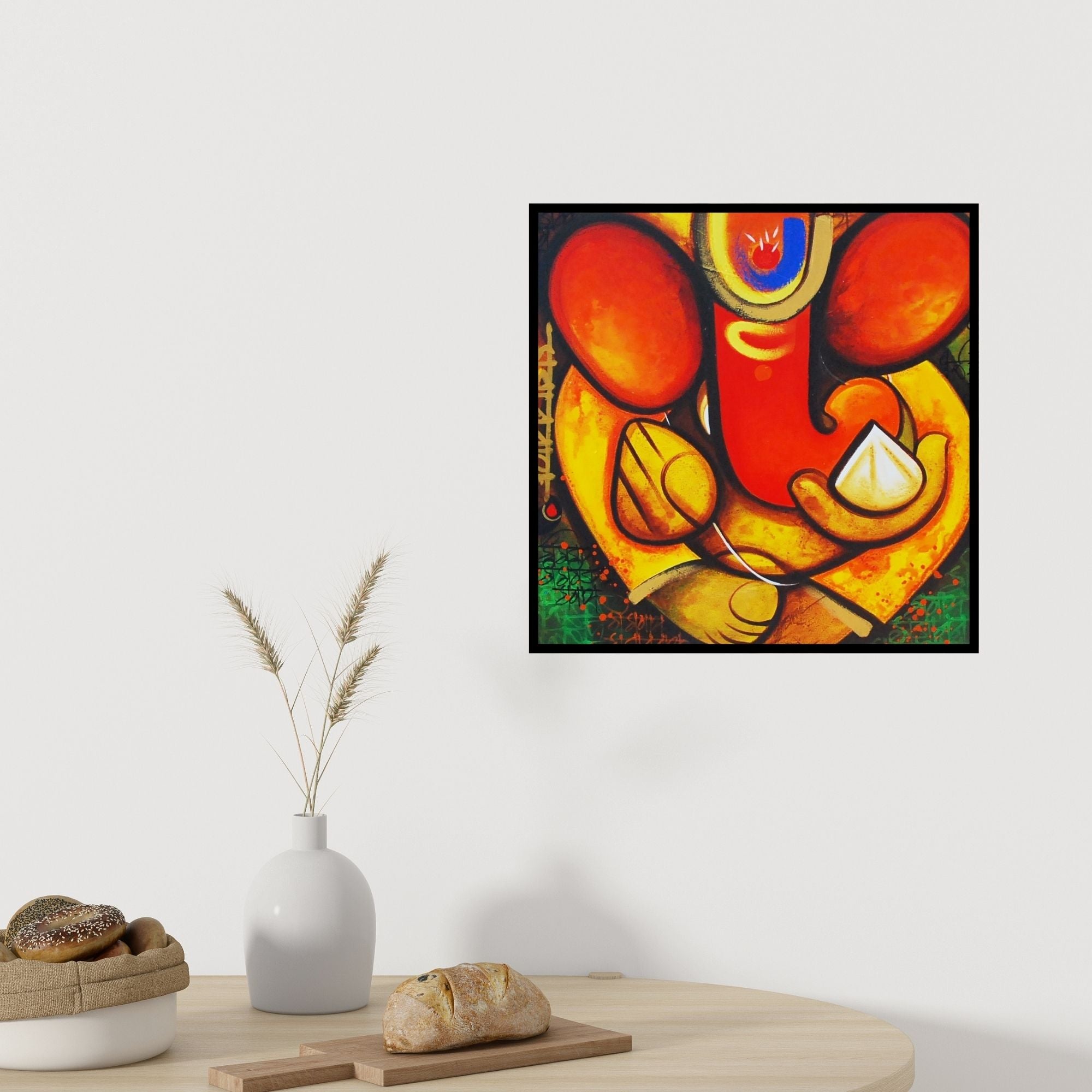 In-situ view of Om Swami's 'Gajay (Ganesha's Blessing)' painting in a room