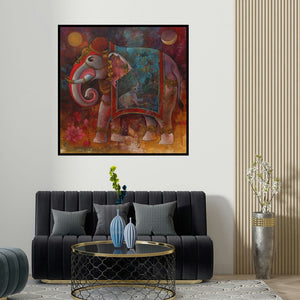 Rajeshwar Nyalapalli's 'Gajendra' painting visualized above a sofa in a contemporary room.
