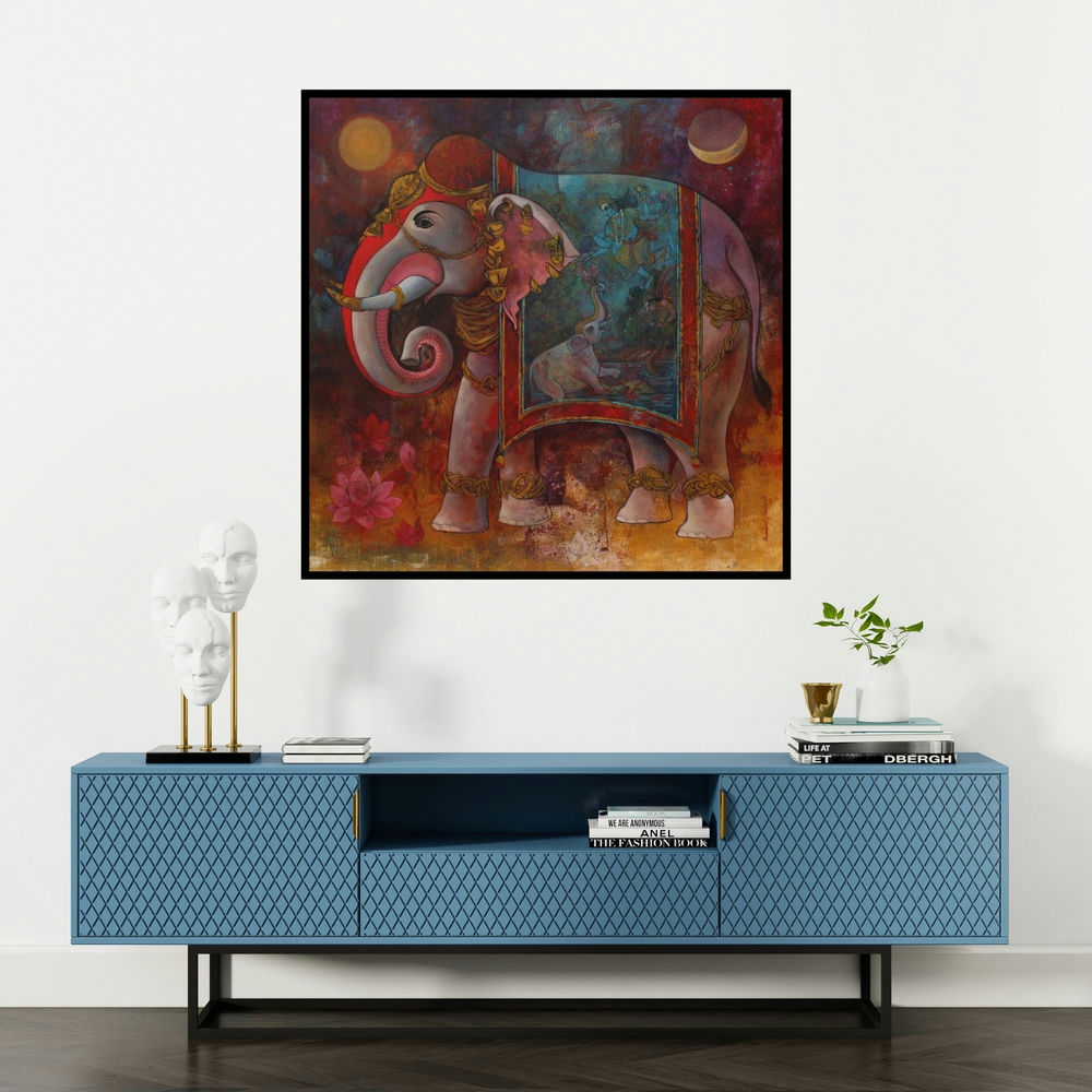 'Gajendra' painting by Rajeshwar Nyalapalli shown on a wall in a furnished room.