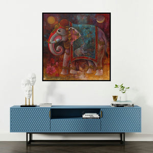 'Gajendra' painting by Rajeshwar Nyalapalli shown on a wall in a furnished room.