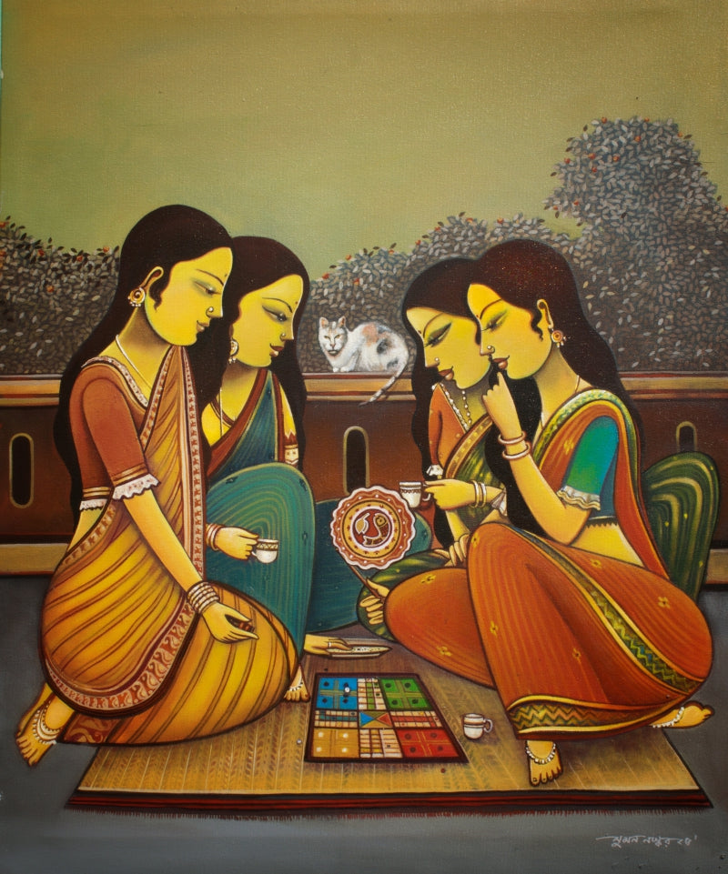 'A Game Of Ludo' figurative acrylic painting by artist Sumon Naskar, 30x24 inch, on canvas