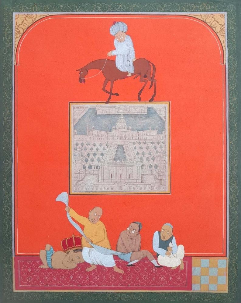 Figurative tempera painting titled 'Game Of Thrones', 41x30 inches, by artist Subir Dey on Treated Cloth