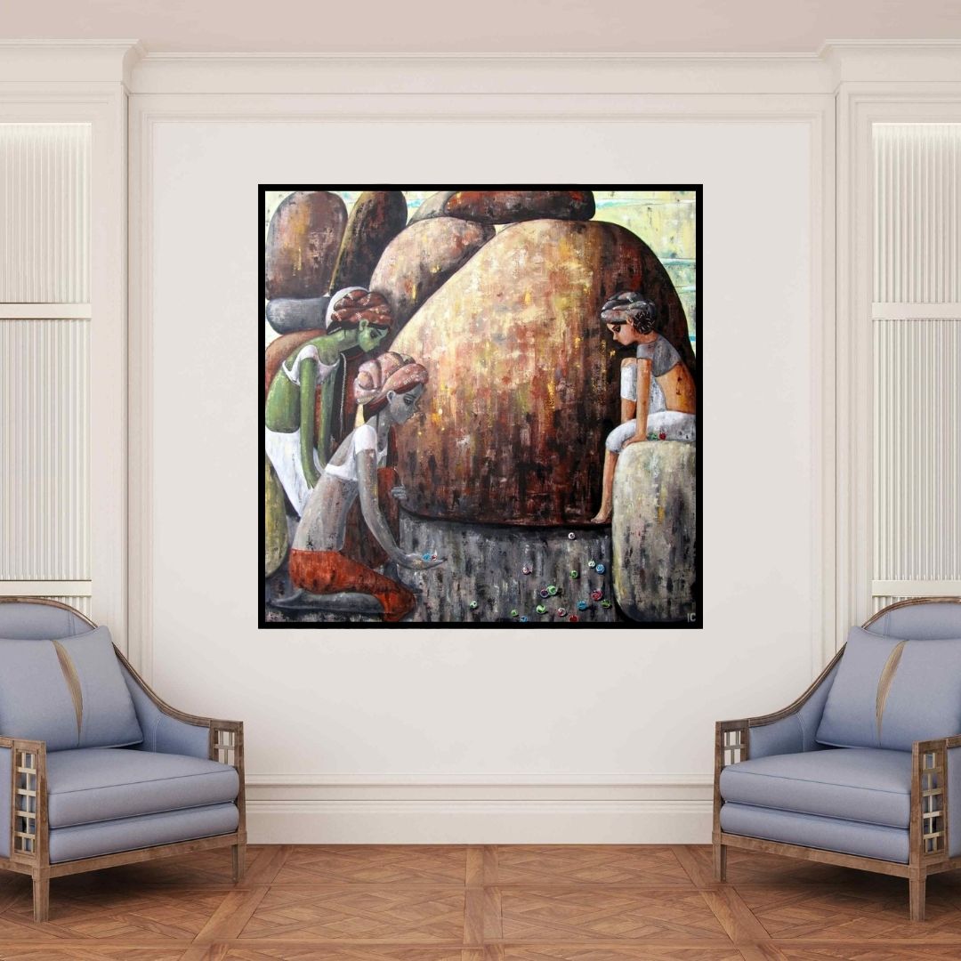 In-situ view of Suruchi Jamkar's 'A Game For Three' painting in a room