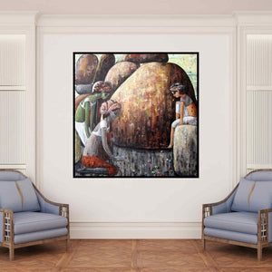 In-situ view of Suruchi Jamkar's 'A Game For Three' painting in a room