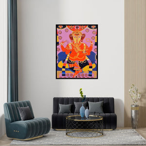 Preview of 'Ganapati (Ganesha in Royal Pose)' Painting by Bhaskar Lahiri shown on a wall in a furnished room.