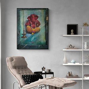 Preview of 'Ganapati (Sacred Corner)' Painting by Gopal Pardeshi shown on a wall in a furnished room.