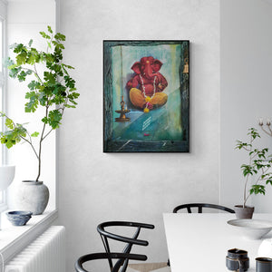 Gopal Pardeshi's painting 'Ganapati (Sacred Corner)' displayed in a modern living room setting