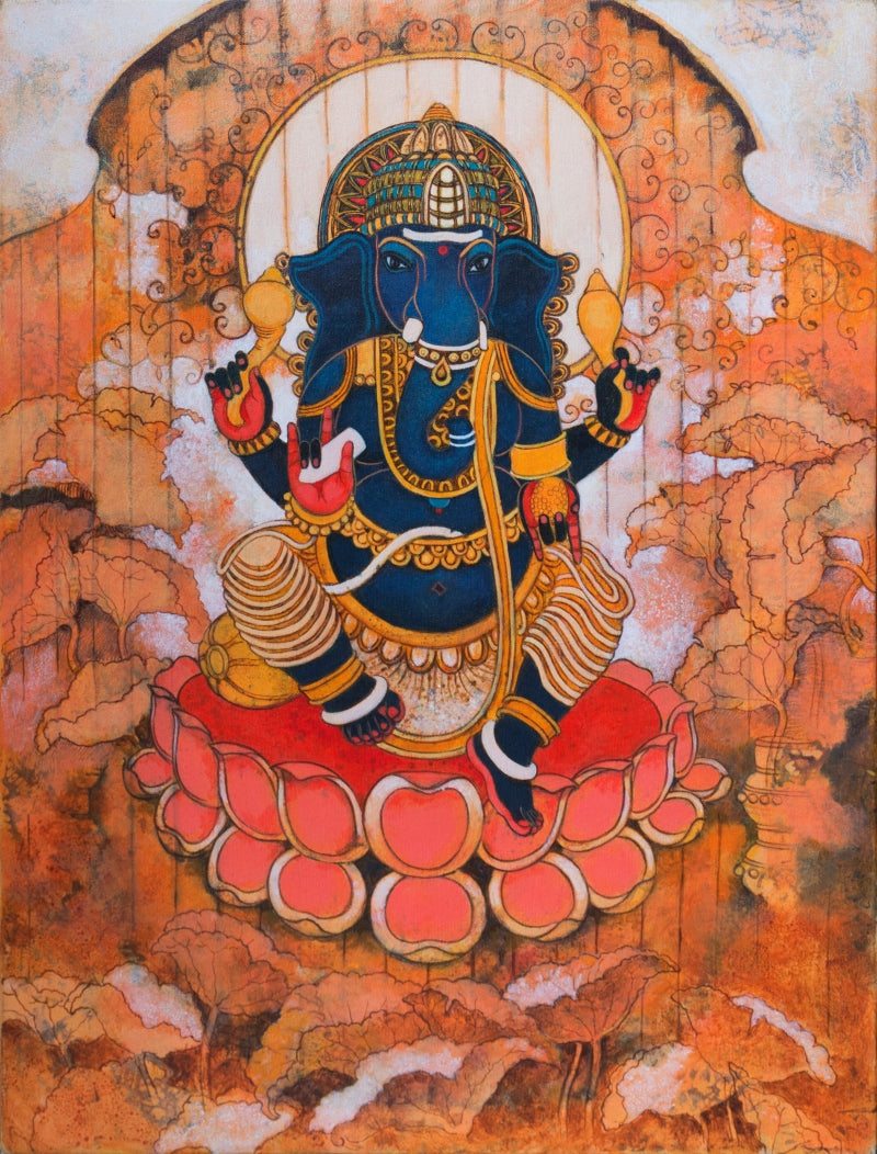 'Ganapati' religious acrylic painting by artist Mousumi Pal Majumdar, 24x18 inch, on canvas