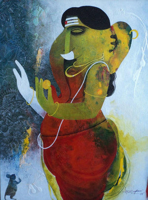Ganapati (Blessings of Abundance) by Appam Raghavendra, Original Acrylic Religious Painting on Canvas, Medium Vertical Wall Art