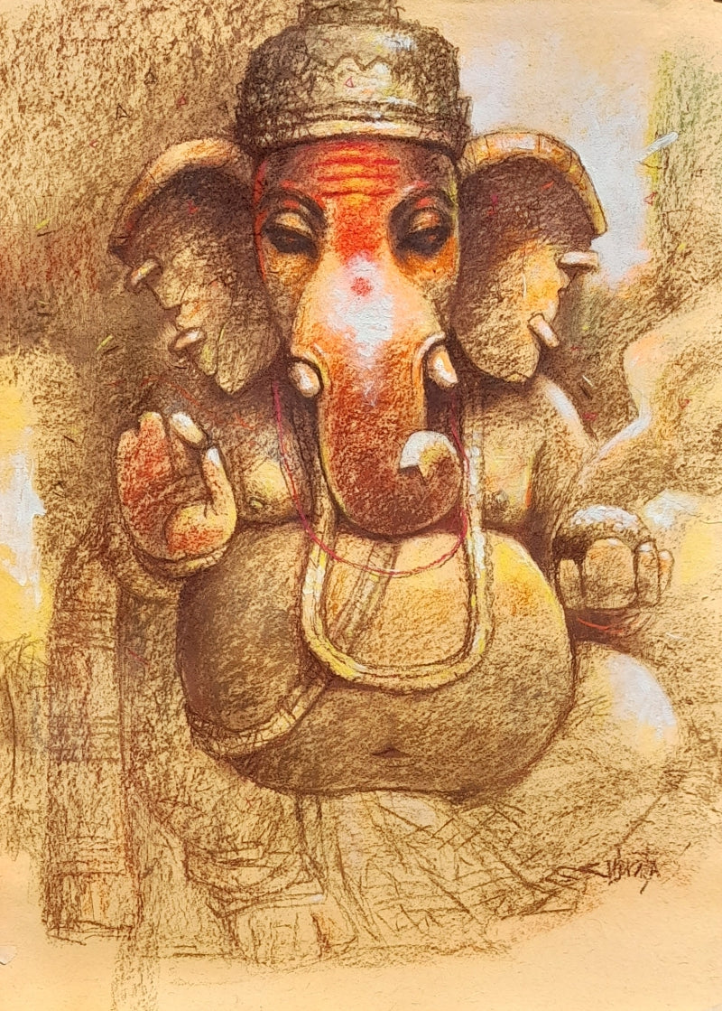 'Ganapati' religious soft-pastel drawing by artist Subrata Das, 30x22 inch, on paper