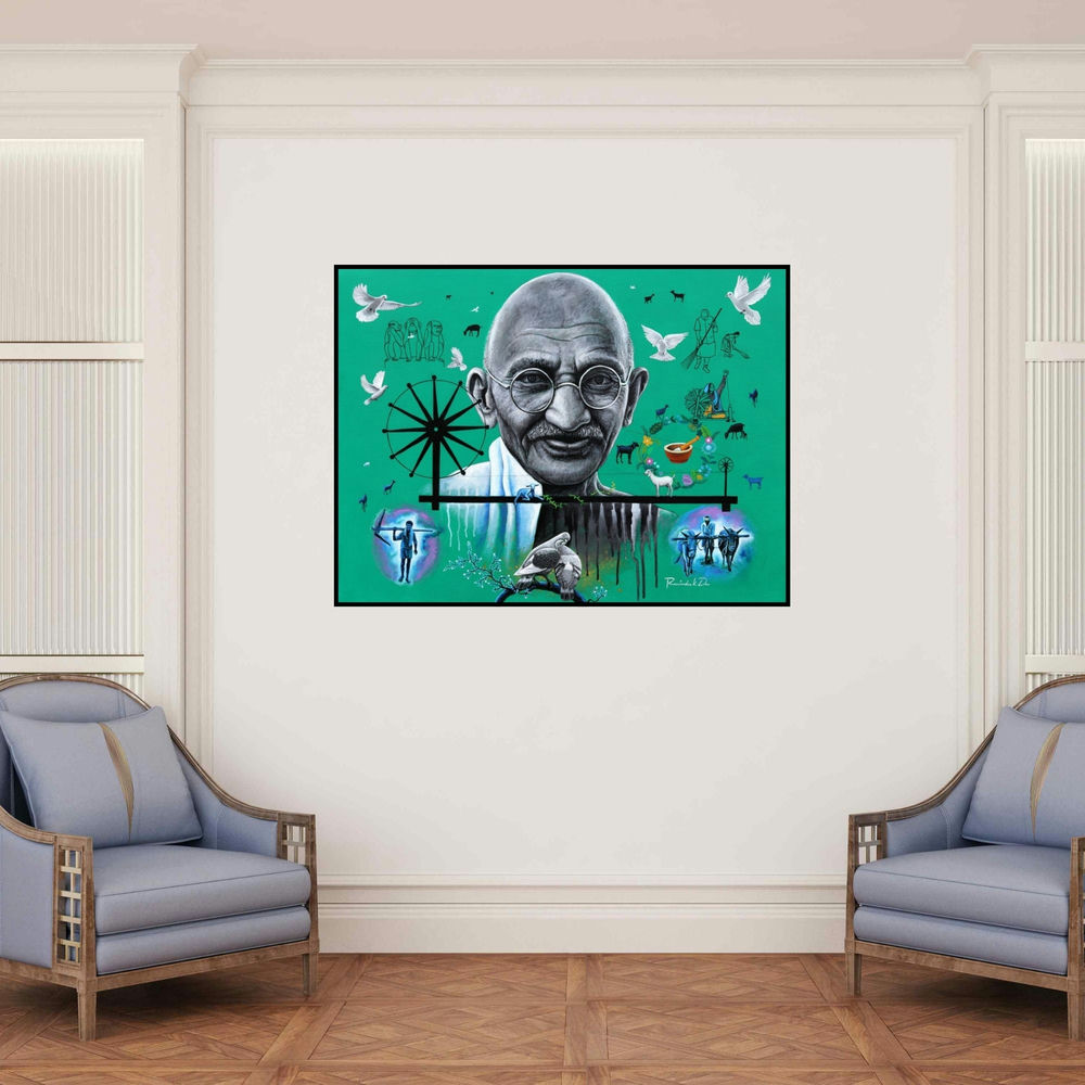 'Gandhi (Legacy of Peace)' painting by Rawindra Das shown on a wall in a furnished room.