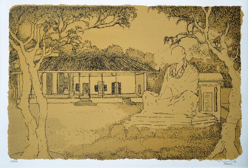 Cityscape serigraphs painting titled 'Gandhi Ashram', 15x22 inches, by artist Vrindavan Solanki on Paper