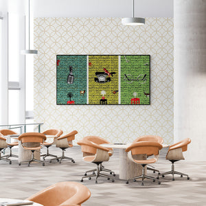 Preview of 'Gandhi Statements (The Human Tapestry)' Painting by Amarnath Sharma shown on a wall in a furnished room.