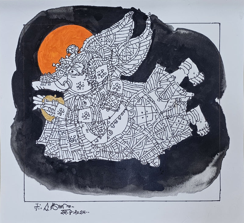 Ganesh' religious acrylic painting by artist G Raman, 13x14 inch, on paper