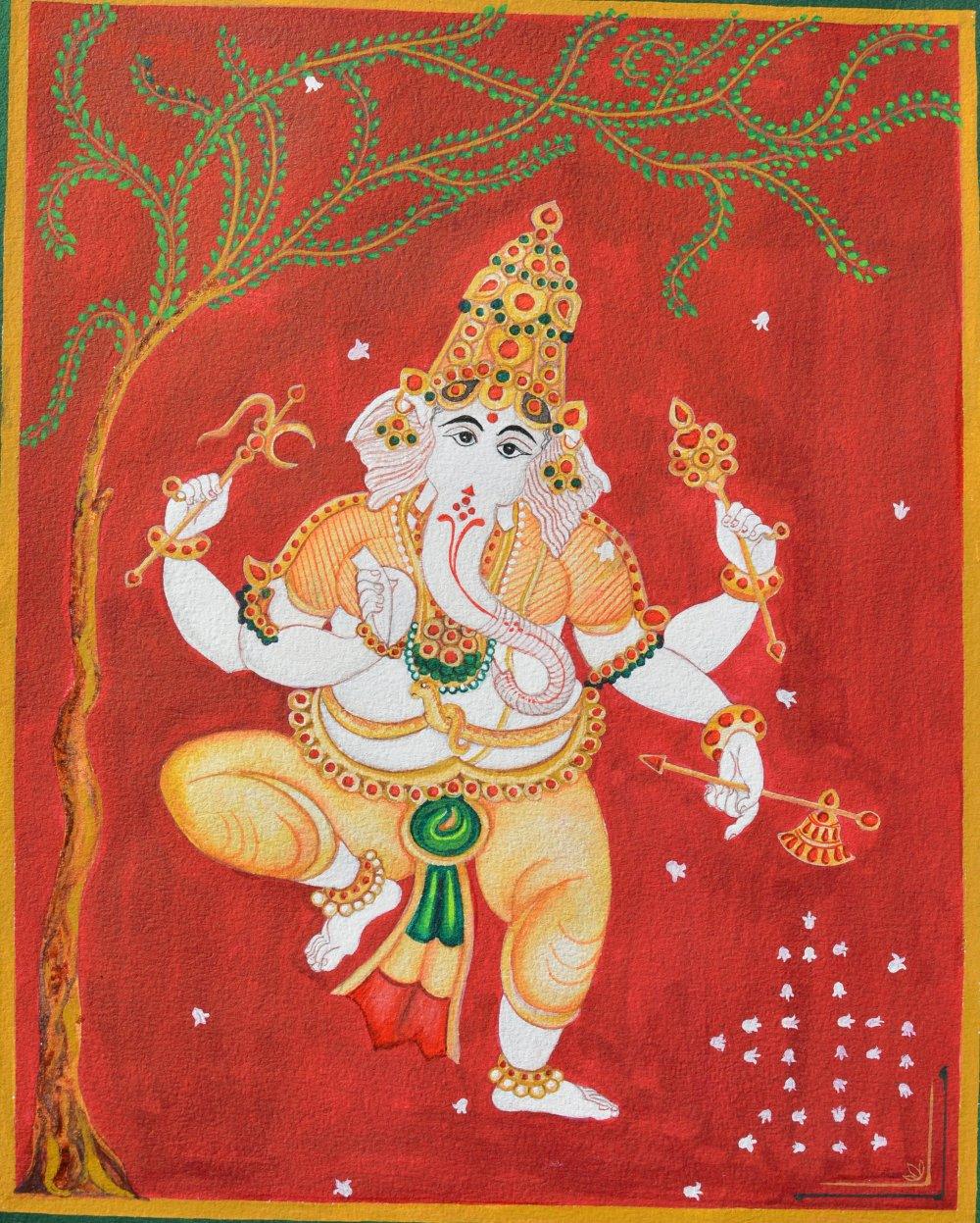 Religious watercolor painting titled 'Ganesh dancing infront of sivalinga', 12x10 inches, by artist Radhika Ulluru on Paper