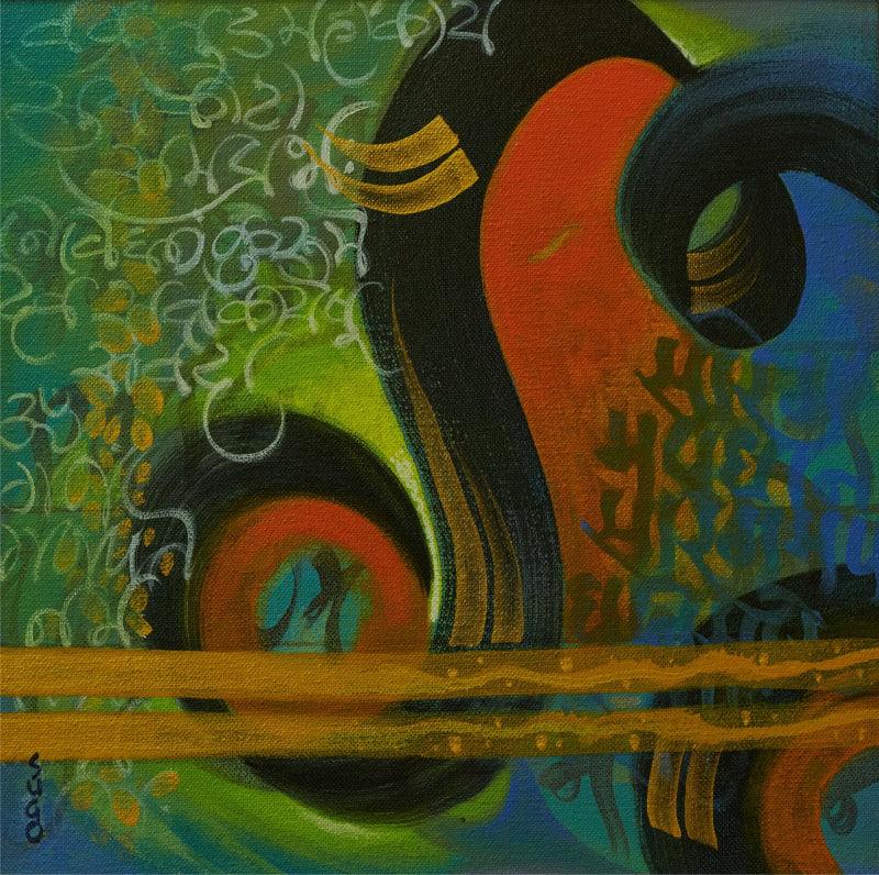 Religious acrylic painting titled 'Ganesh Mantra Series', 18x18 inches, by artist Subhash Gondhale on Canvas