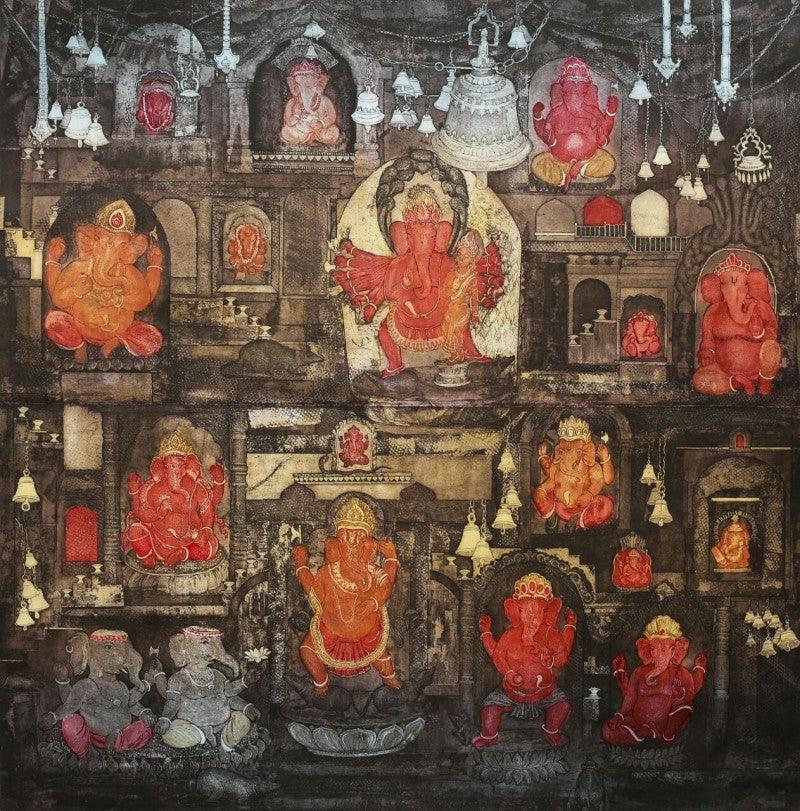 Religious printmaking titled 'Ganesh On Lotus', 40x40 inches, by artist Seema Shah on Paper