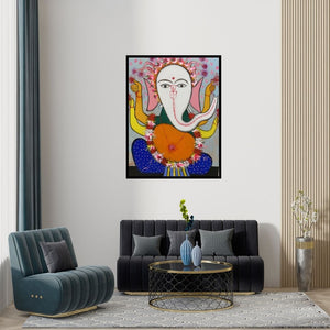 Preview of 'Ganesha 1 (Divine Presence) (Ganesha Floral Fervor)' Painting by Manu Parekh shown on a wall in a furnished room.