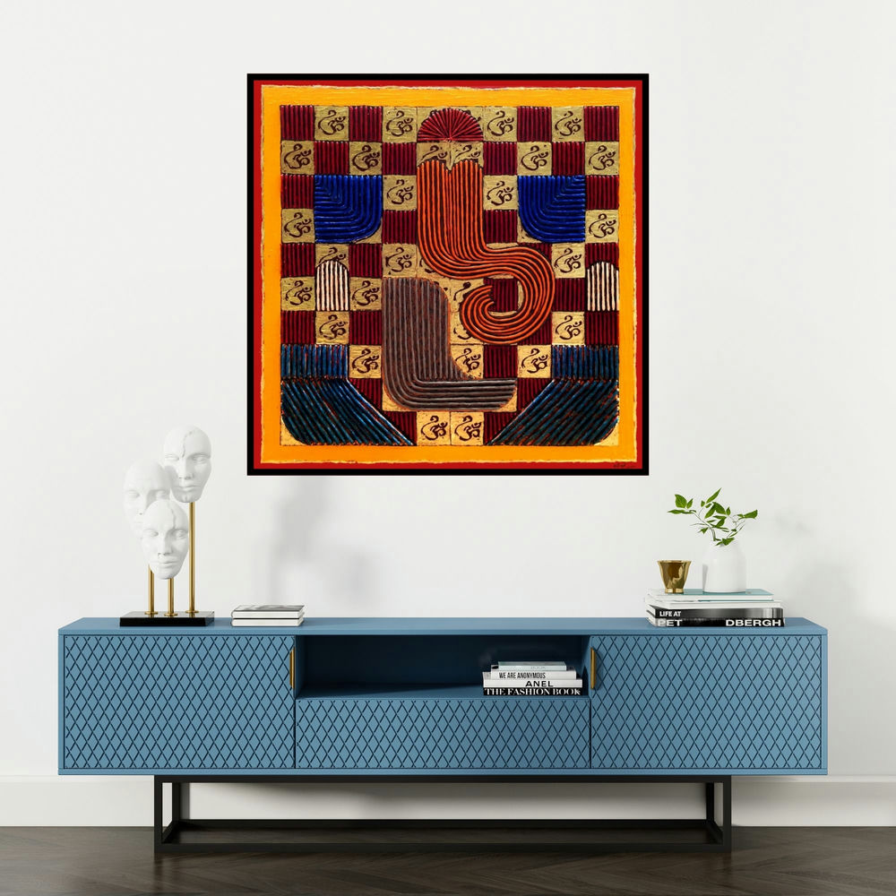 'Ganesha 1 (The Sacred Om A Cosmic Mandala)' painting by Sandesh Khule shown on a wall in a furnished room.