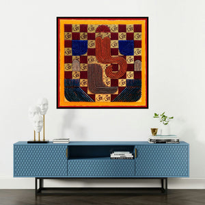 'Ganesha 1 (The Sacred Om A Cosmic Mandala)' painting by Sandesh Khule shown on a wall in a furnished room.