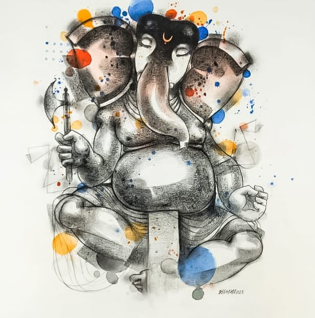 Ganesha 1' religious charcoal painting by artist Sanjay Bhalerao, 30x30 inch, on canvas