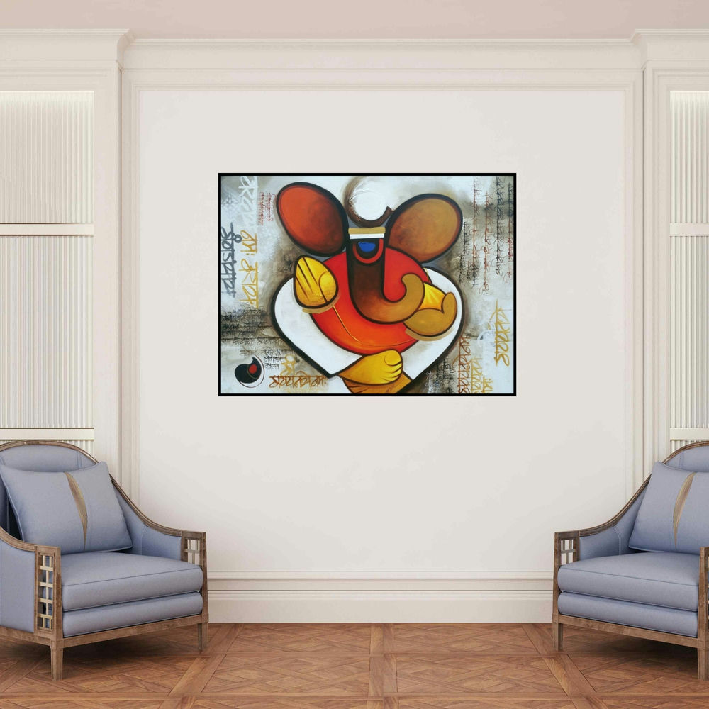 'Ganesha 1 (Embraced by Divinity)' painting by Om Swami shown on a wall in a furnished room.