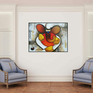 'Ganesha 1 (Embraced by Divinity)' painting by Om Swami shown on a wall in a furnished room.