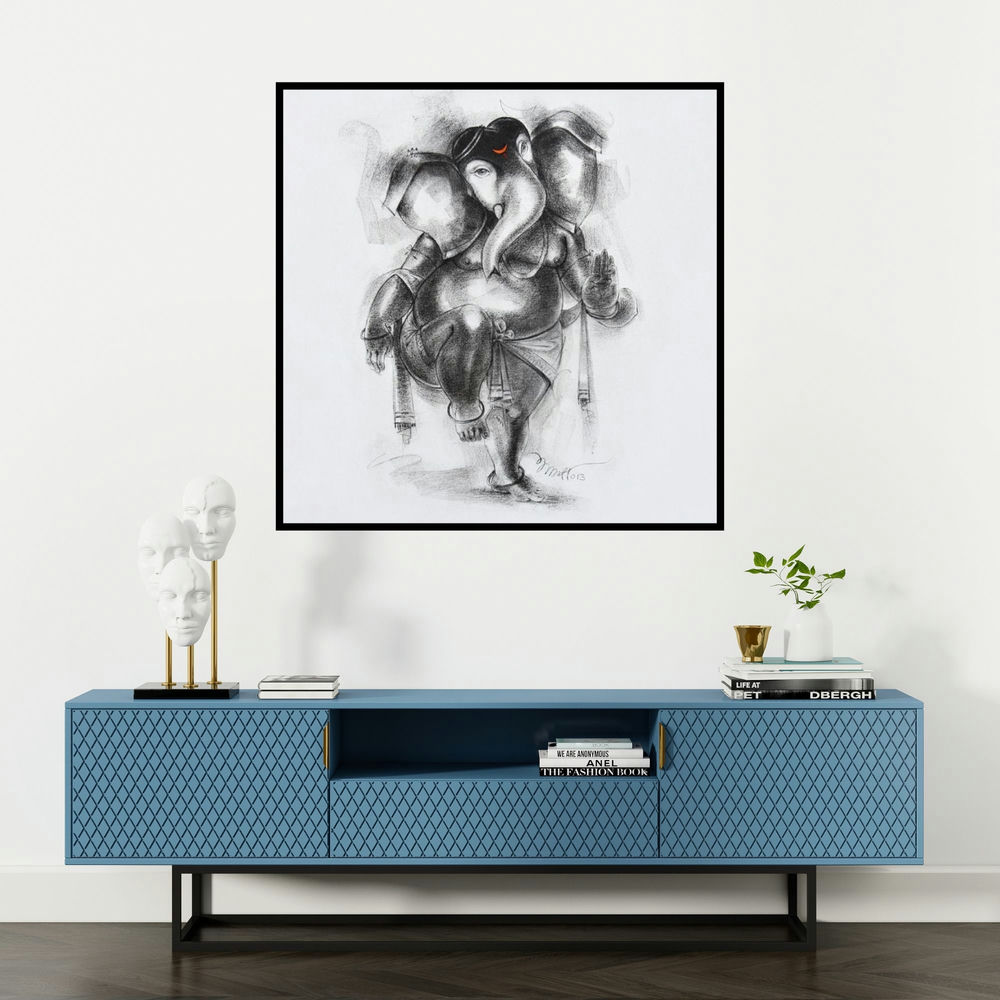 'Ganesha 1 (Ganesha in Motion)' painting by Sanjay Bhalerao shown on a wall in a furnished room.