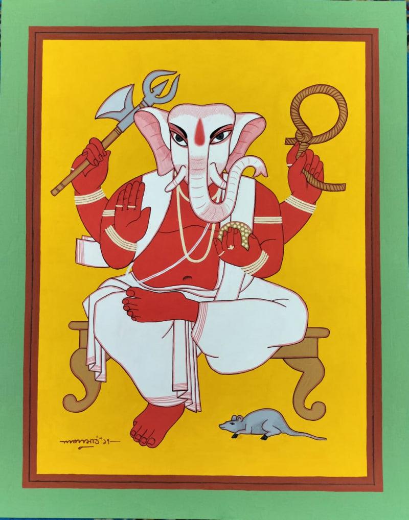Religious tempera painting titled 'Ganesha', 28x22 inches, by artist Lalu Prasad Shaw on Board