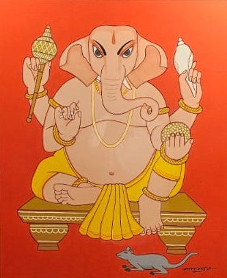Ganesha' religious tempera painting by artist Lalu Prasad Shaw, 26x22 inch, on board