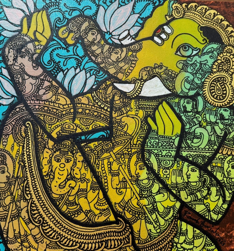 'Ganesha' religious acrylic painting by artist Ramesh Gorjala, 12x12 inch, on canvas