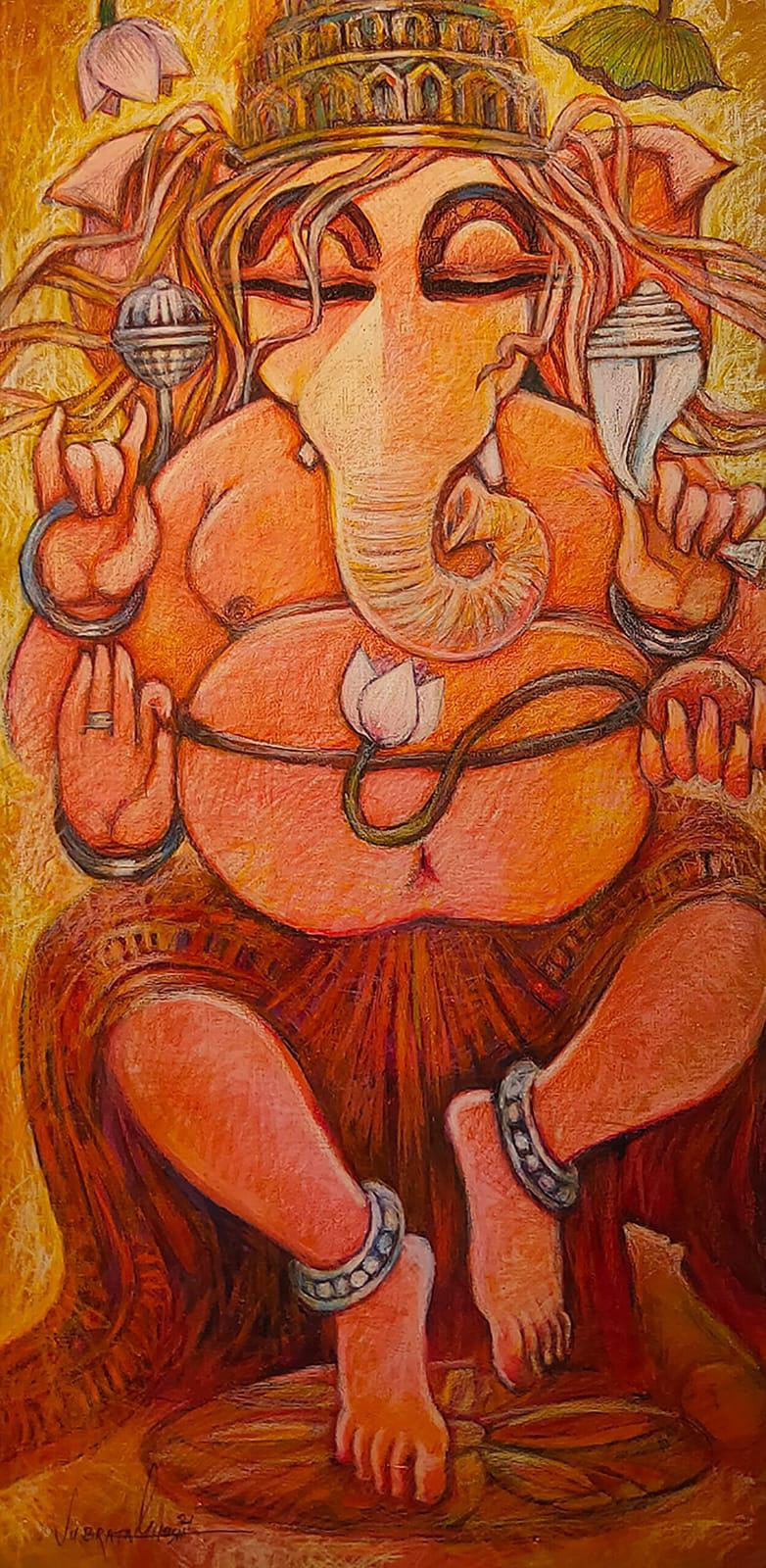 'Ganesha' religious mixed-media painting by artist Subrata Ghosh, 40x20 inch, on canvas