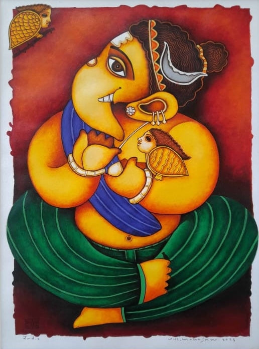 'Ganesha' religious acrylic-charcoal painting by artist Arvind R Mahajan, 30x22 inch, on paper