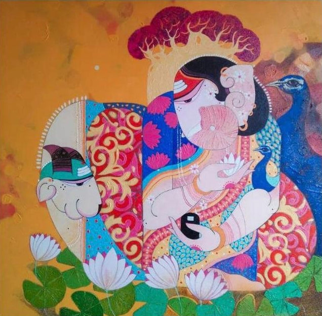 'Ganesha 12' religious acrylic painting by artist Pritam Chivate, 30x30 inch, on canvas