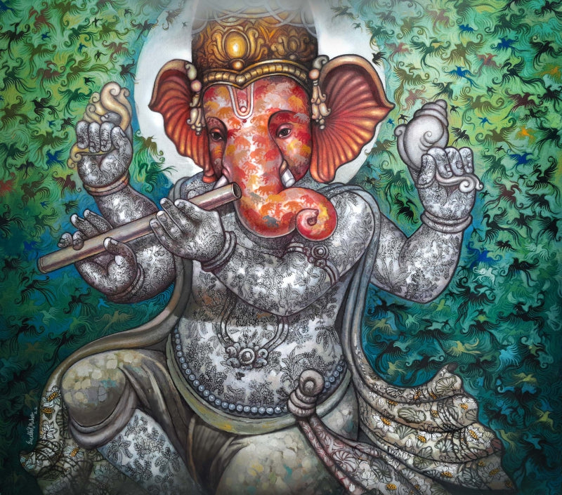 'Ganesha' religious acrylic-oil painting by artist Sudhir Meher, 30x34 inch, on canvas